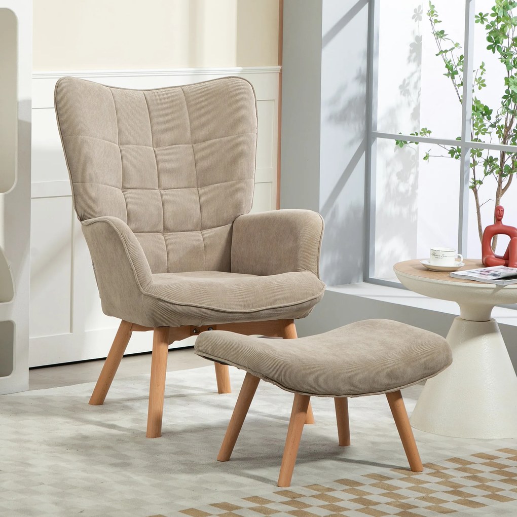 Conjunto de Poltrona de Sala e Apoio para os Pés, 80 x 72 x 101 cm, Encosto Alto, Castanho