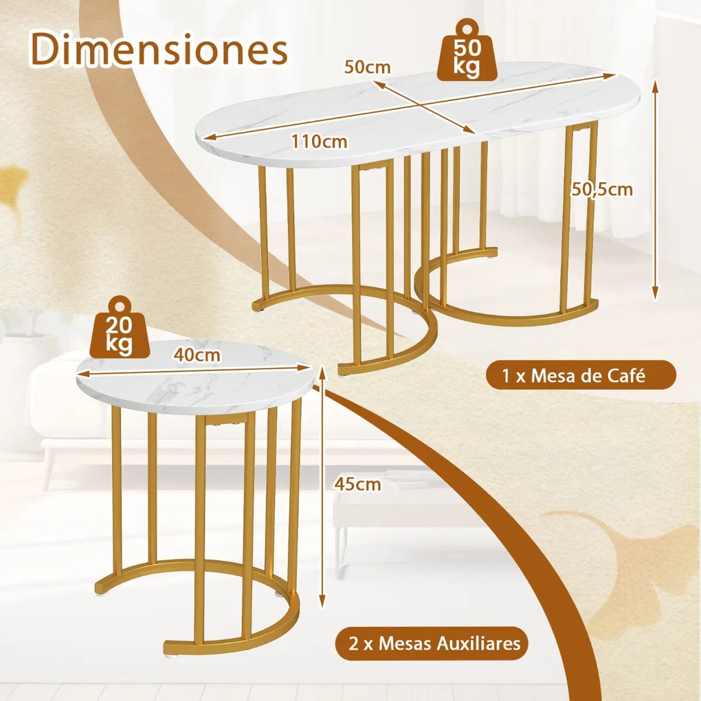 Conjunto de 3 mesas de centro com tampo em mármore sintético e estrutura em metal dourado e branca