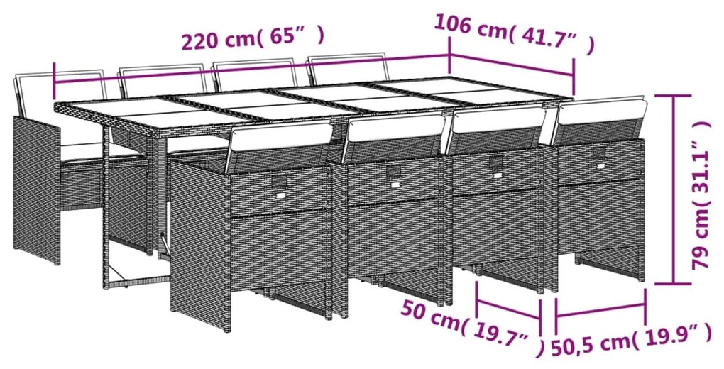 9 pcs conj. jantar jardim c/ almofadões vime PE bege misturado