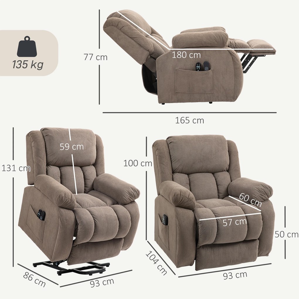 Poltrona Elevatória Elétrica Massagem e Aquecimento Apoio para Pés Encosto Reclinável Controle Remoto 93x104x100 cm Castanho