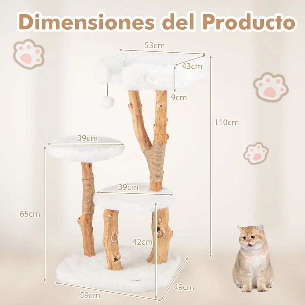 Arrranhador para gatos em madeira maciça 110 cm Torre para gatos moderna com plataforma Postes de arranhar em juta natural Bola suspensa branca