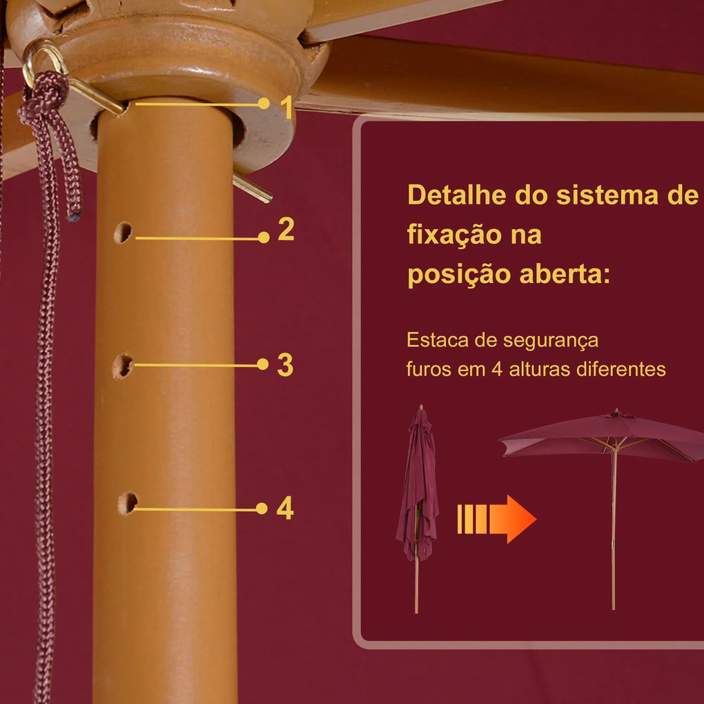 Outsunny Chapéu de Sol de Jardim com Sistema de Polia Teto Ventilado e Mastro de Madeira para Terraço Pátio Exterior 2,95x2x2,55m Vinho