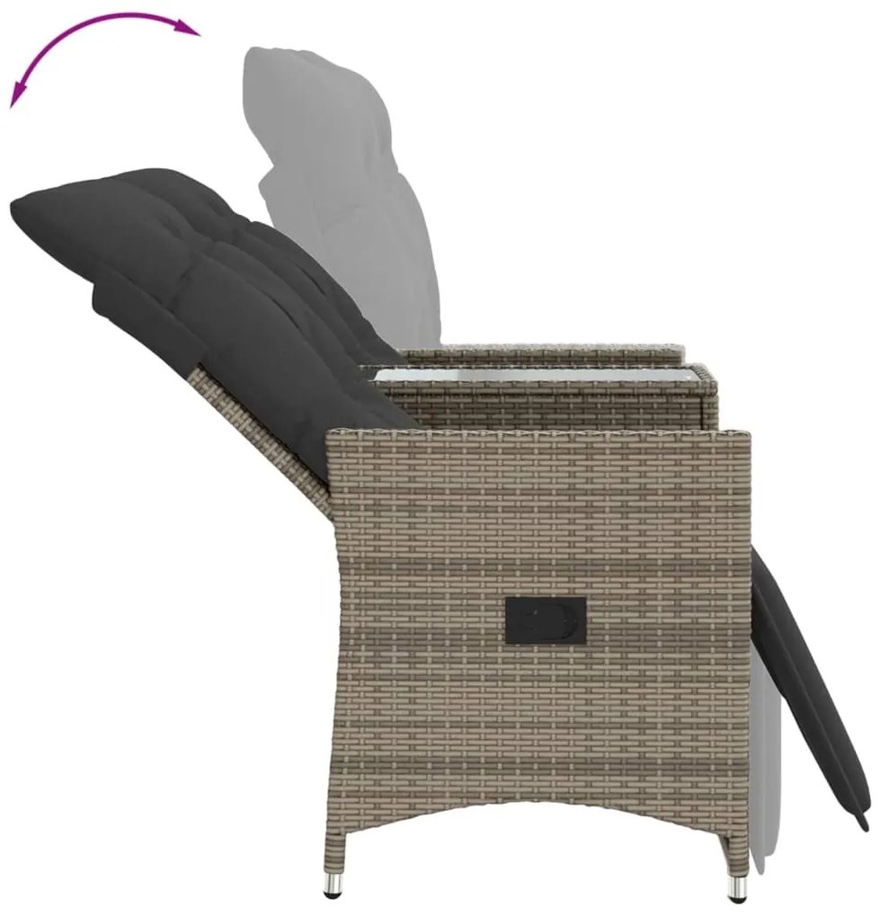 Sofá de jardim reclinável 2 lugares com mesa vime PE cinzento