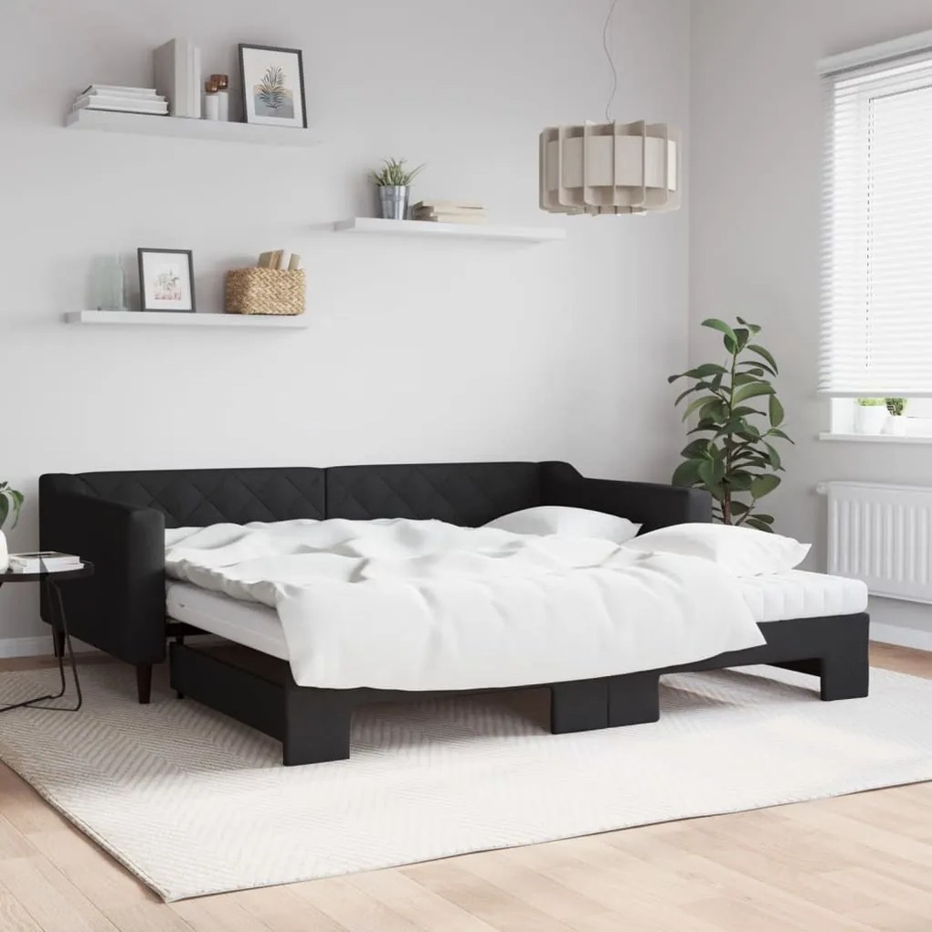 vidaXL Sofá-cama com gavetão e colchões 100x200 cm tecido preto