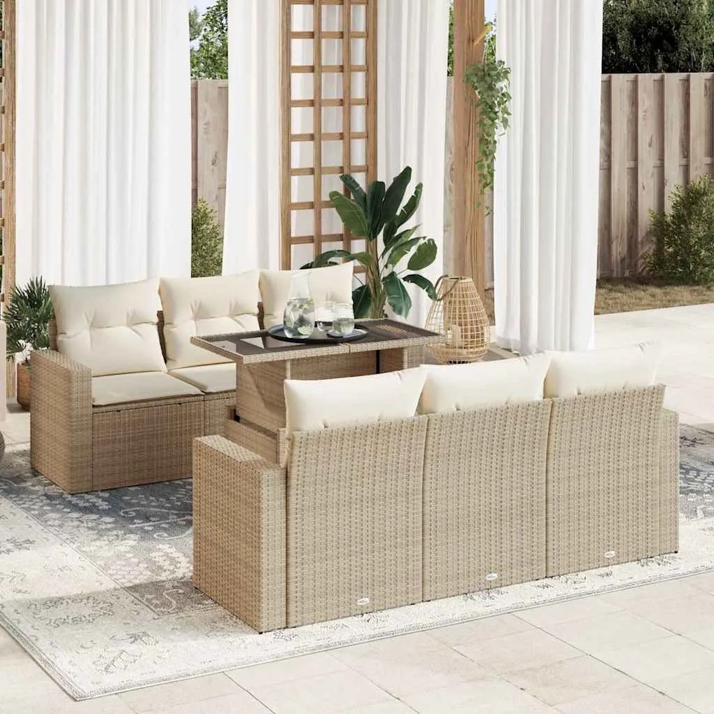 vidaXL 7 pcs conjunto de sofás p/ jardim com almofadões vime PE bege