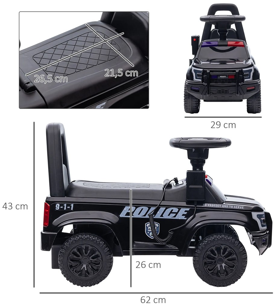 HOMCOM Carro Andador de Policia para Bebé de 18-60 Meses Carro sem Pedais com Buzina Megafone Compartimento de Armazenamento e Encosto Removível 62x29x43cm Preto