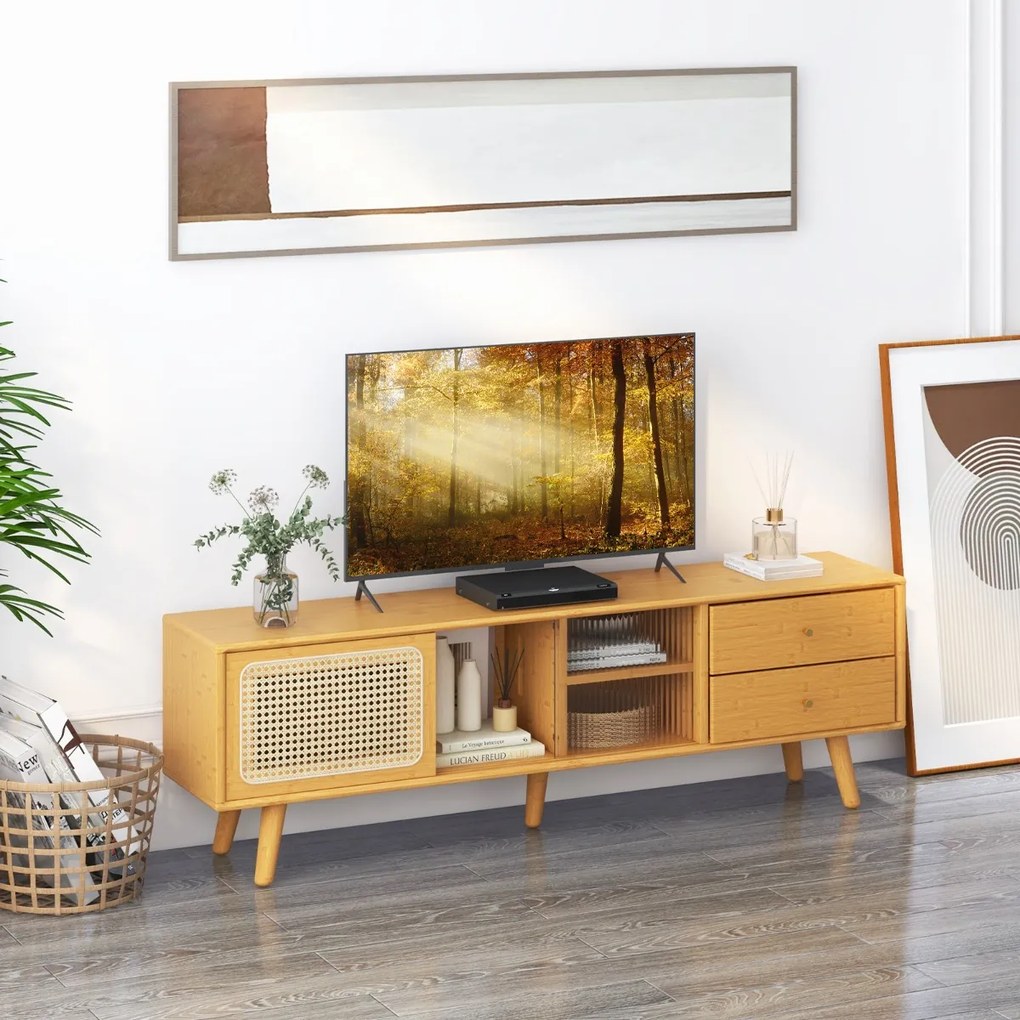 Móvel de TV 140 cm x 31 cm x 45,5 cm em bambu até 65'' com vidro e portas em rattan PE 2 gavetas Portas deslizantes para sala de estar Natural