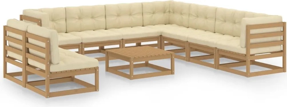 vidaXL 10 pcs conj. lounge jardim almofadões pinho maciço castanho mel