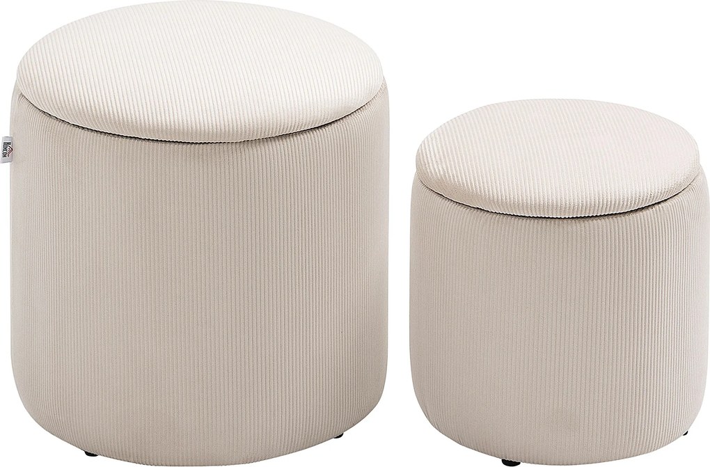 HOMCOM Conjunto de 2 pufes/banquinhos com baú de arrumação em tecido efeito veludo cotelê Ø40 cm e Ø30 cm, creme | Aosom Portugal