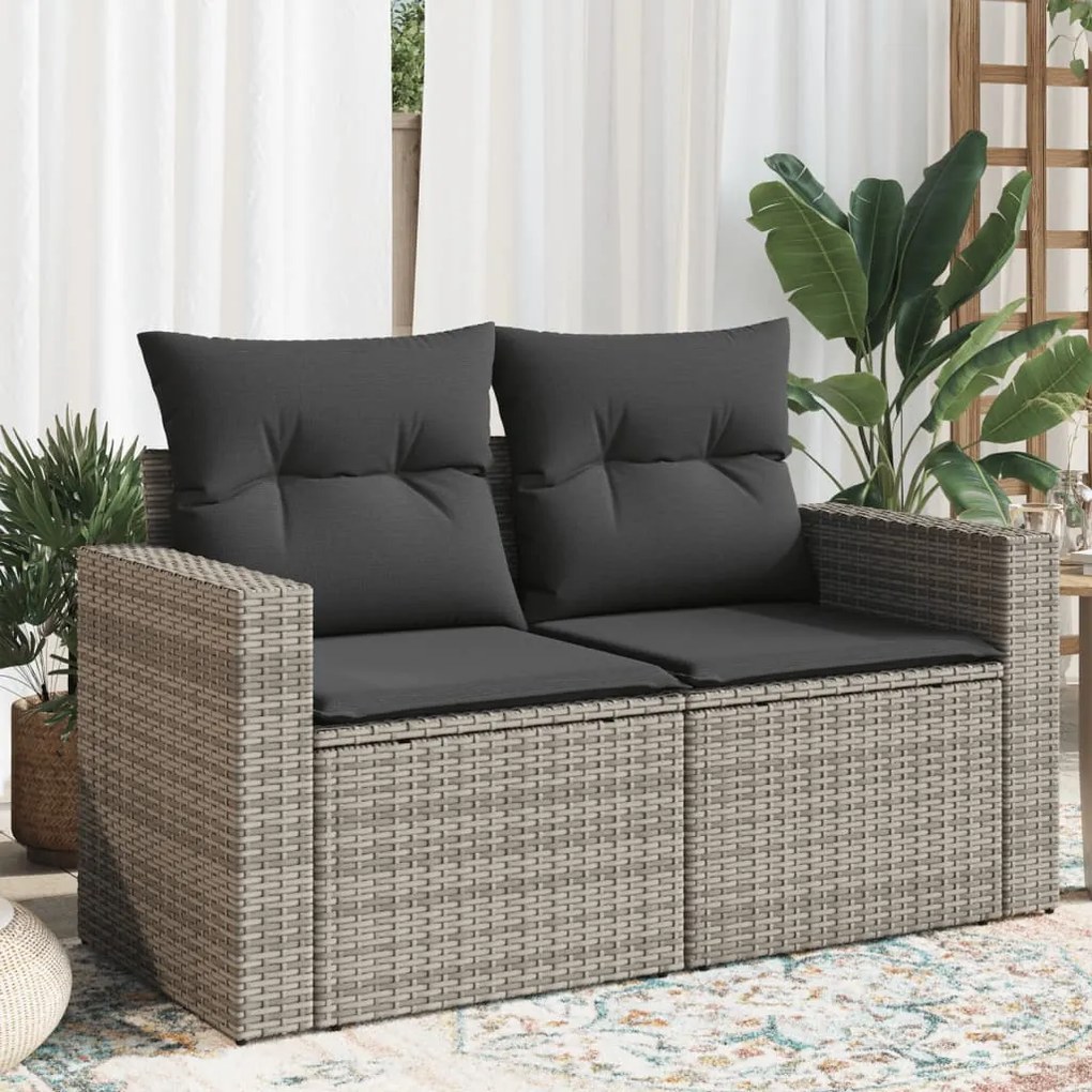 vidaXL Sofá de jardim de 2 lugares com almofadões vime PE cinzento