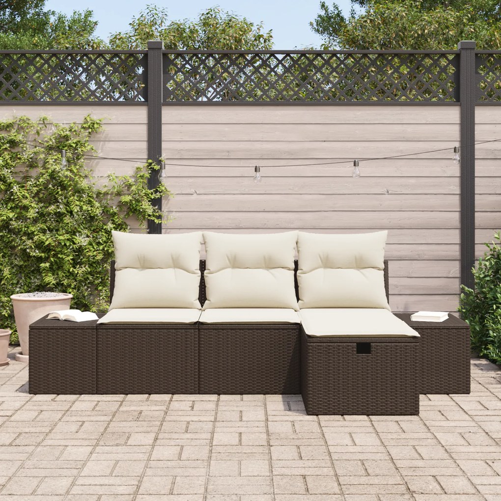 Conjunto de Sofá de Jardim 4 Peças com Almofadas Marrom Vime Poliéster