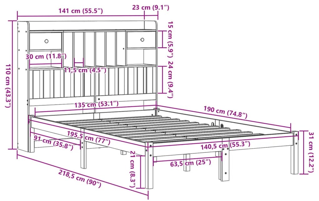 Cama com estante sem colchão 135x190 cm pinho maciço