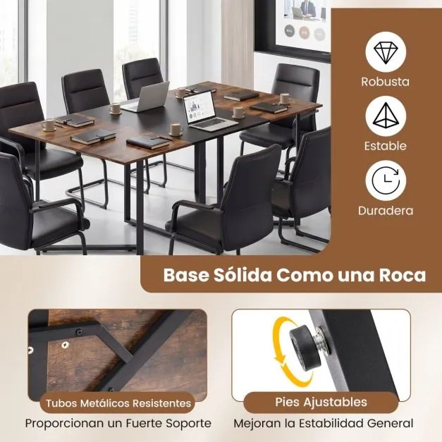 Mesa de reuniões grande 180 x 100 x 76,5 cm para 6-8 pessoas com 2 passadores de cabos e design industrial para escritório e sala de reuniões Castanho