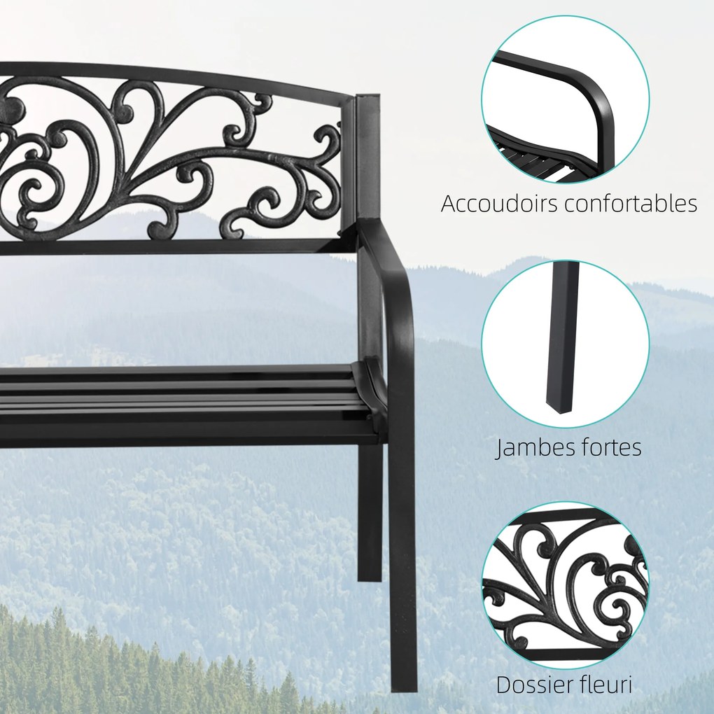 Banco de jardim para terraço em ferro fundido, 2 lugares, 127 x 60 x 87 cm, carga máxima de 240 kg preto