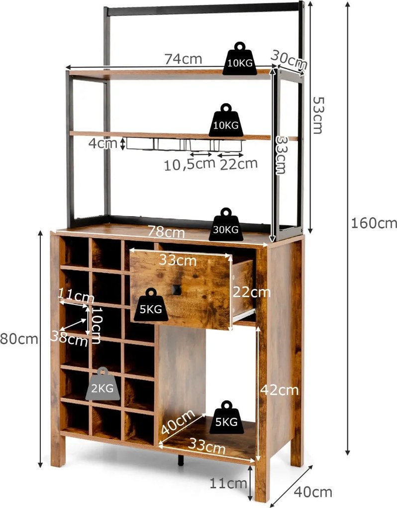 Armário de jantar de cozinha com Garrafeira para vinhos de 4 níveis Prateleira para forno micro-ondas 74 x 40 x 160 cm Castanho