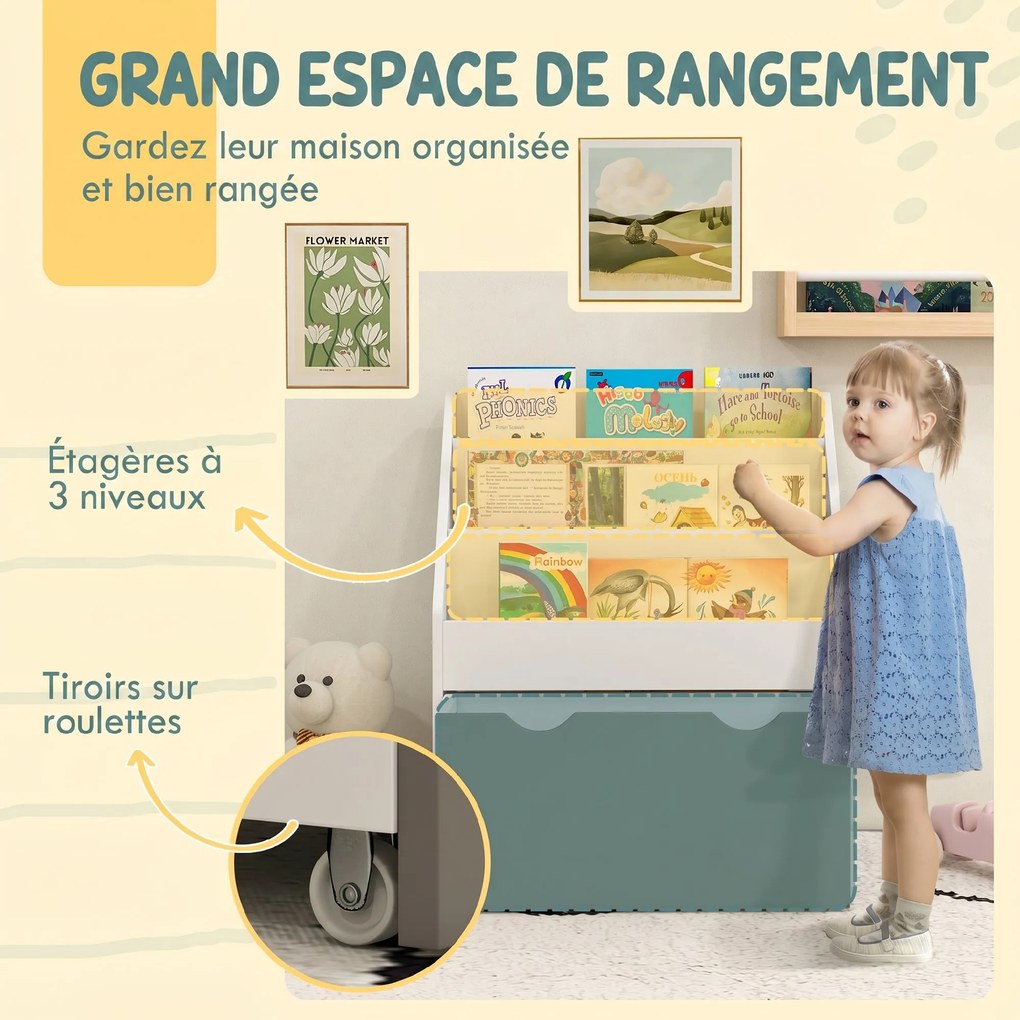 Estante Infantil para Livros e Brinquedos, 62,5 x 30 x 70 cm, 3 Prateleiras e Gaveta, Cinzento
