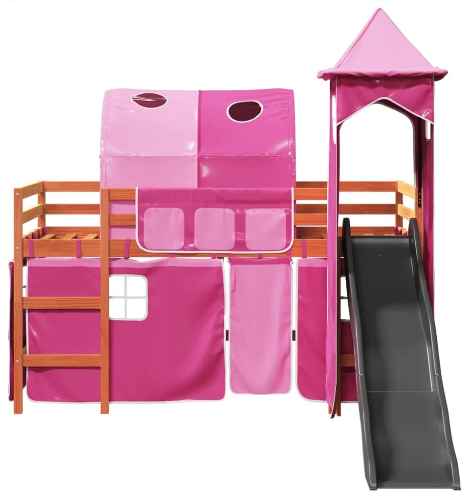 Cama alta para criança com torre 90x190 cm pinho maciço rosa