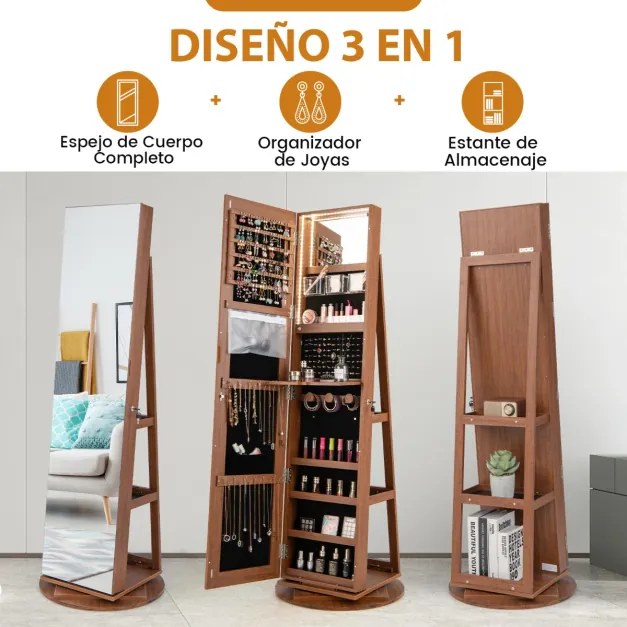 Espelho Guarda Joias rotativos 360° com luzes LED Espelho de corpo inteiro Com Estante 54,5 x 161 cm Castanho