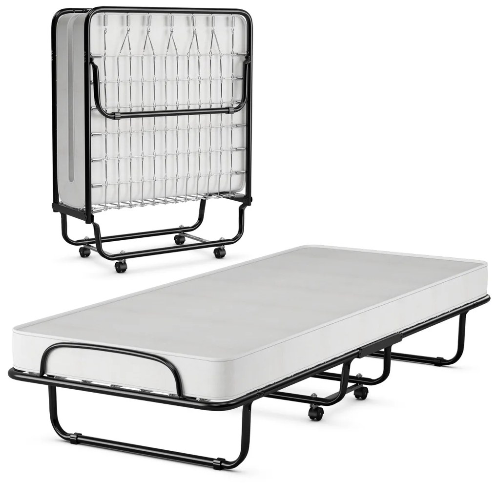 Cama dobrável com colchão de espuma viscoelástica Estrutura metálica 4 rodas Cama individual portátil