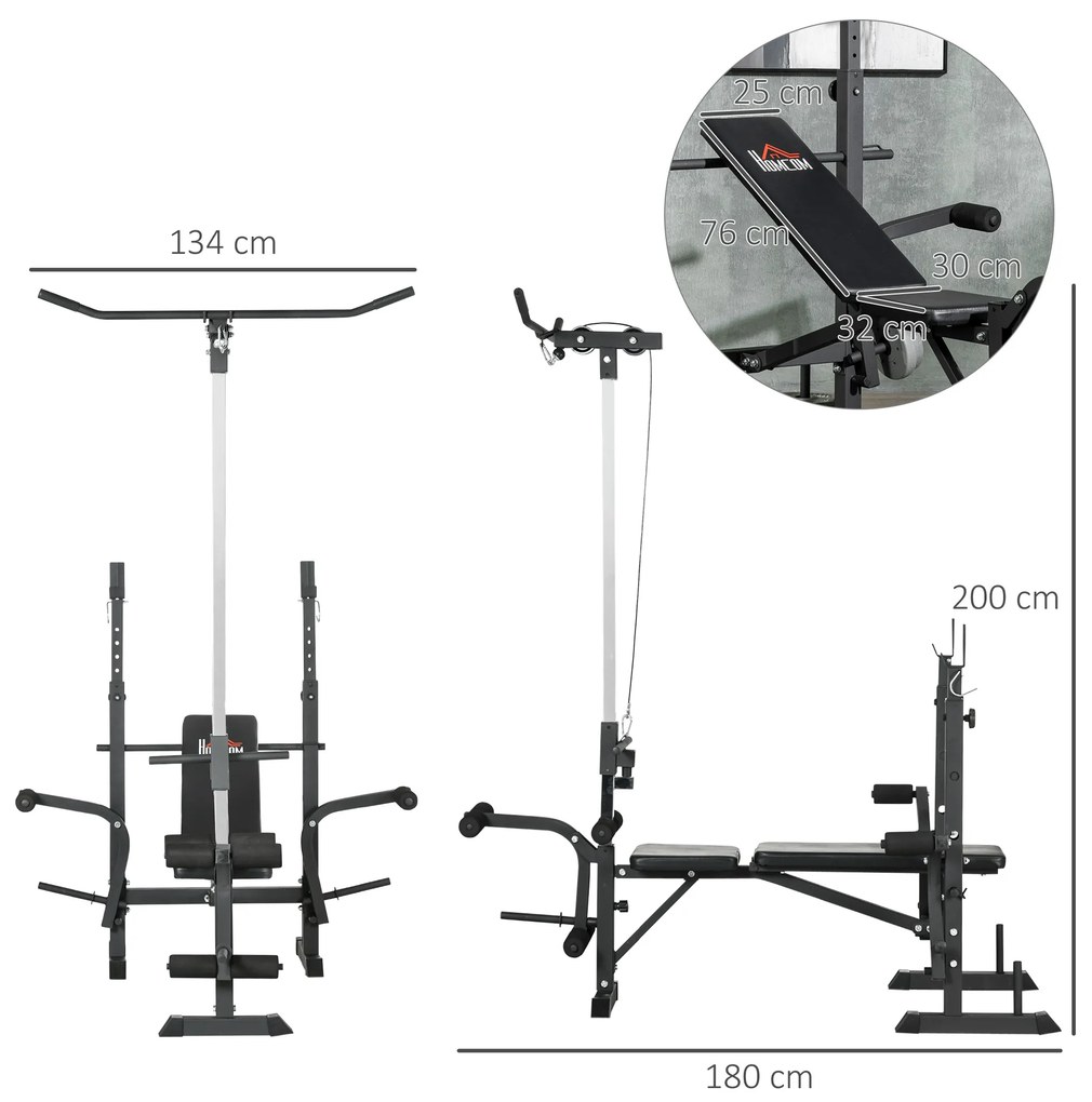 Banco de Pesos Multi Funcional Banco de Musculação Ajustável em 6 Posições 180x134x200cm (PESOS E BARRA NÁO INCLUIDA) Prata e Preto