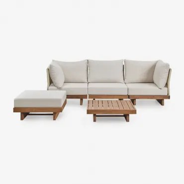 Conjunto De Sala De Estar Com Sofá Modular De 3 Peças Com 2 Poltronas De Canto, Mesa De Centro E Pufe Em Madeira De Acácia Daili Castanho Acácia -