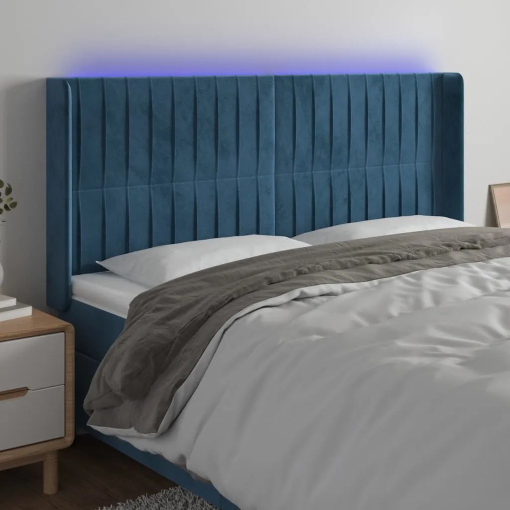 Cabeceira cama c/ luzes LED veludo 203x16x118/128cm azul-escuro