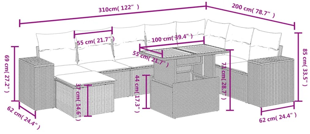 9 pcs conjunto sofás p/ jardim com almofadões vime PE cinzento
