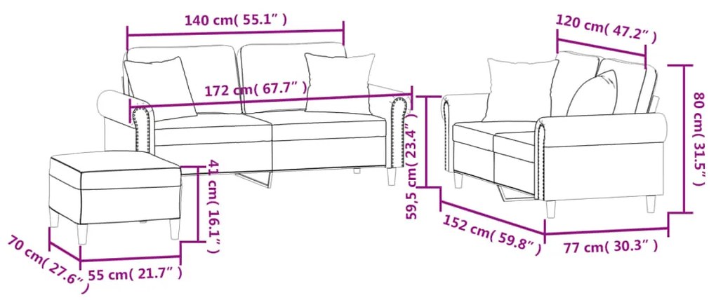 3 pcs conjunto de sofás com almofadas veludo cinzento-escuro