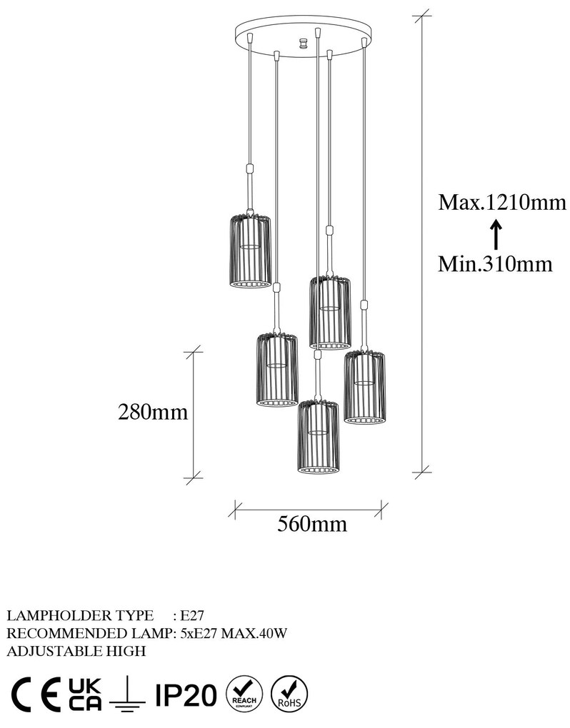 Chandelier Kemtel – Dourado Brilhante – 34 x 34 x 121 cm
