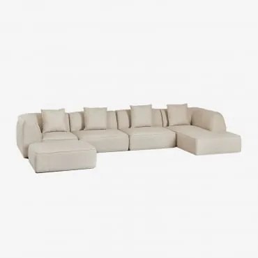 Sofá Modular Chaise Longue Direito De 4 Peças Com Puff Estofado Cardea Bouclé Bege Creme - Sklum