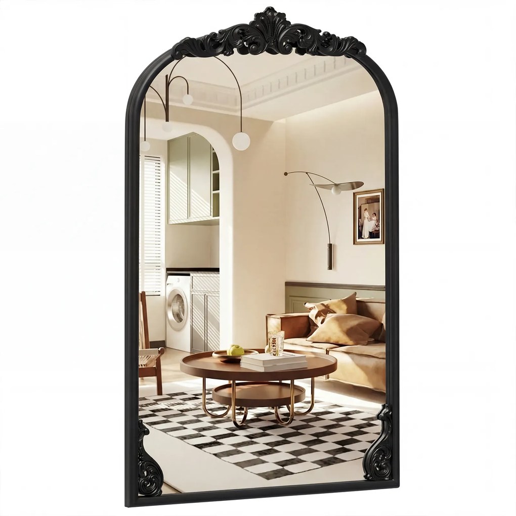 Espelho de Parede Arqueado, 90 x 61 cm, Moldura Metálica Ornamentada, Preto