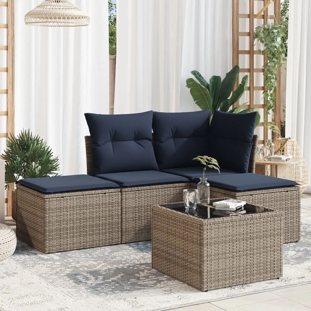 vidaXL 5 pcs conjunto sofás p/ jardim c/ almofadões vime PE cinzento