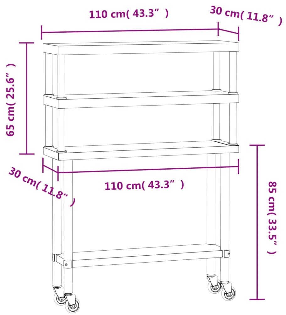 Mesa trabalho cozinha c/ prateleira 110x30x150cm aço inoxidável