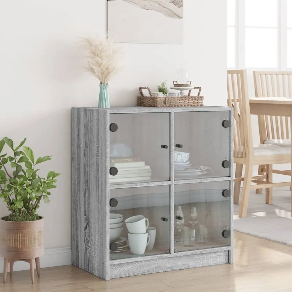 Armário de apoio c/ portas de vidro 68x37x75,5 cm cinza sonoma