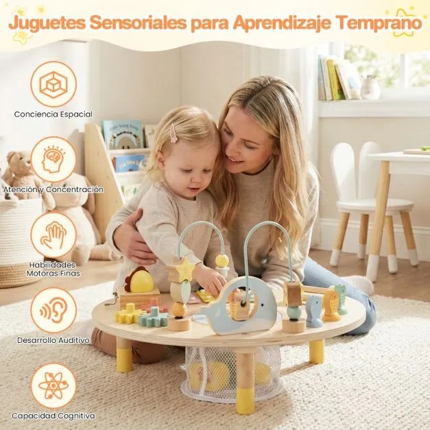 Mesa de atividades 7 em 1 para crianças 44 x 31 x 27 cm Montessori sensorial de madeira com labirinto de contas e xilofone para 12+ meses Natural