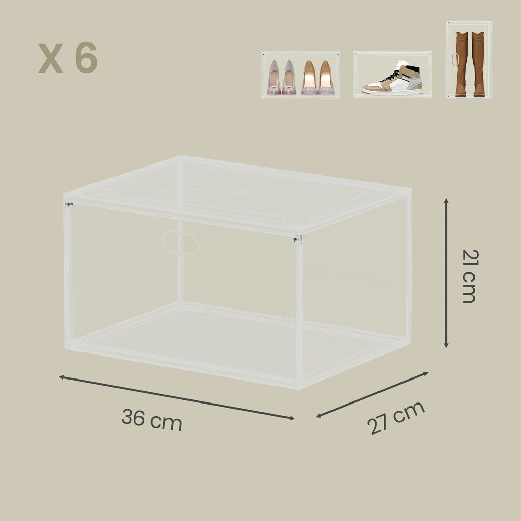 Conjunto de 6 caixas para sapatos, empilháveis com porta magnética, 36 x 27 x 21 cm transparente