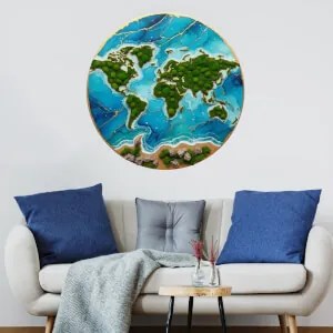 Autocolante XXL Mapa do Mundo – Oceano epóxi e continentes de musgo