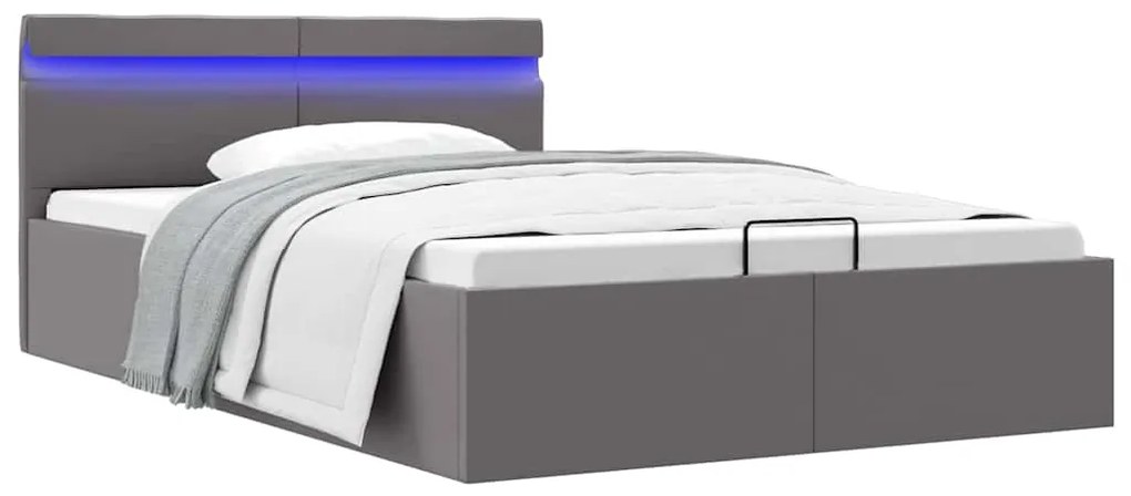 vidaXL Cama hidráulica c/ arrumação LED 120x200cm couro artifi. cinza