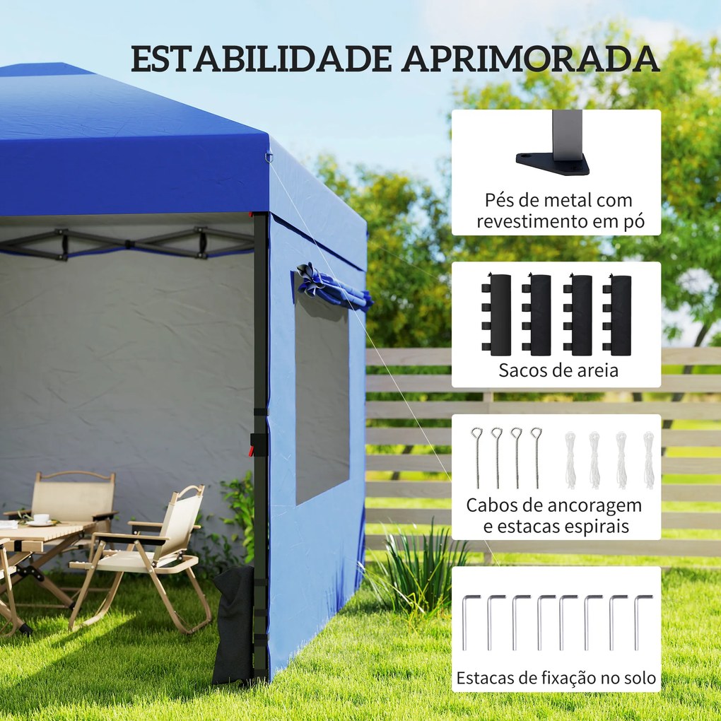 Tenda Dobrável 3x3 m Pop-up com 3 Paredes Laterais 2 Janelas em Malha UPF50+ Altura Ajustável 3 Níveis Azul