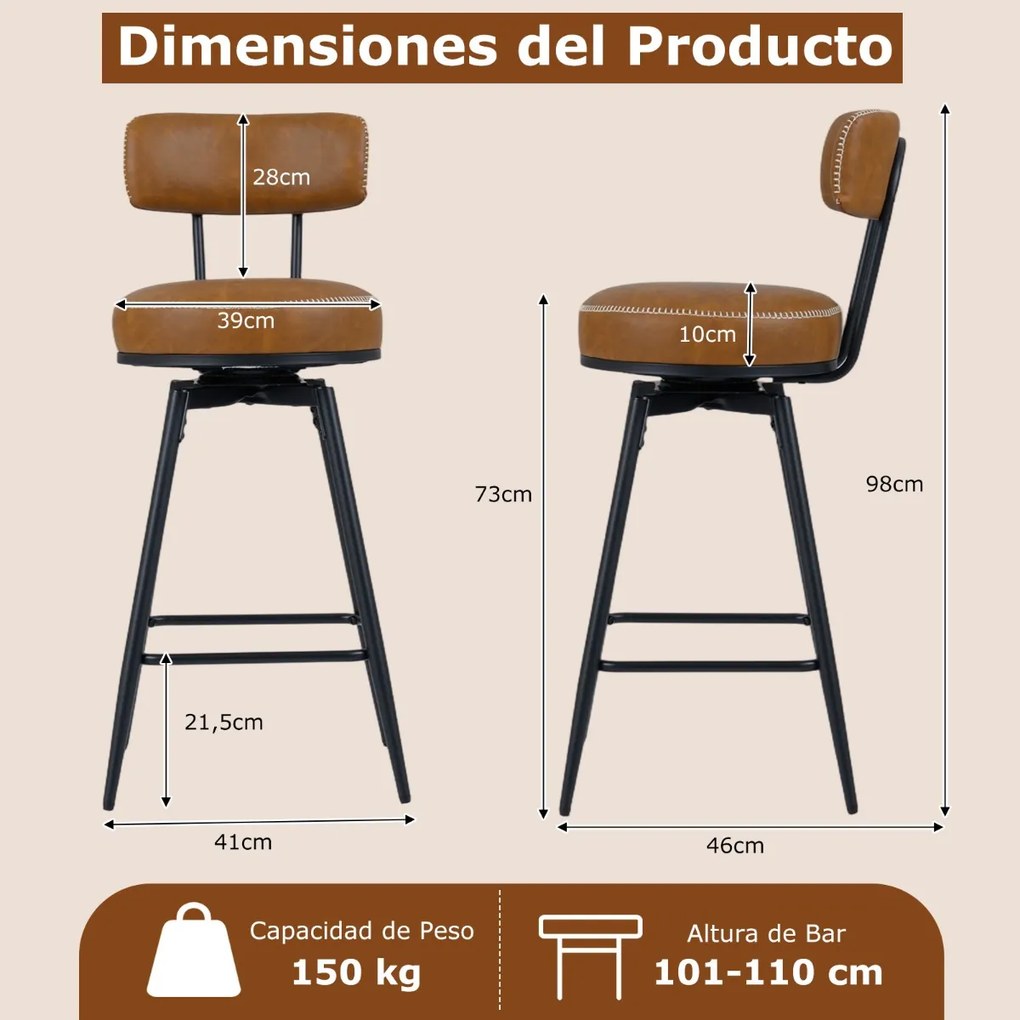 Conjunto de 2 Bancos de bar giratórios modernos 46 x 41 x 98 cm, encosto almofadado, apoio para os pés, pernas metálicas, couro sintético com costuras