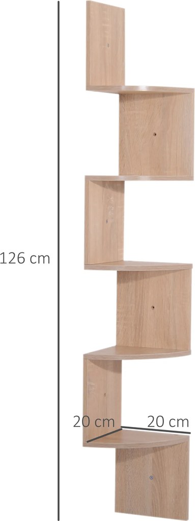 Estante de canto de parede para arrumação, em forma de ziguezague, 20 L x 20 L x 126 A cm, 5 prateleiras, madeira de carvalho claro