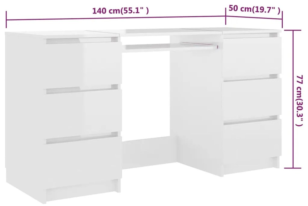 Secretária Luxes com 6 Gavetas de 140 cm - Branco Brilhante - Design M