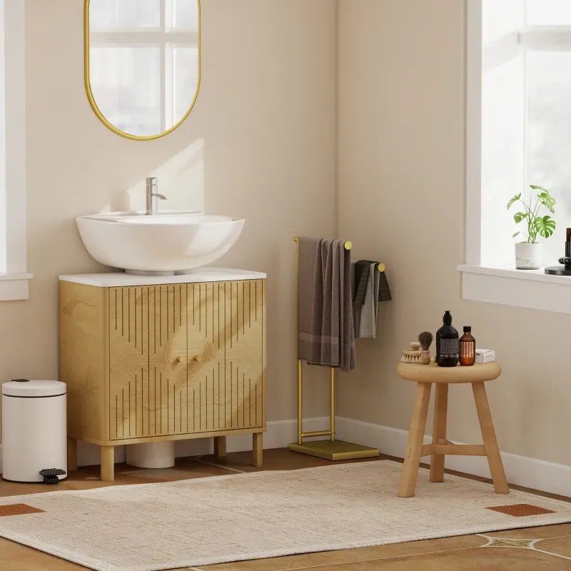 Toalheiro de Pé de 2 Níveis Toalheiro para Casa de Banho com 2 Barras e Estrutura Metálica Estilo Moderno em Forma de L 35,5x20x78 cm Dourado