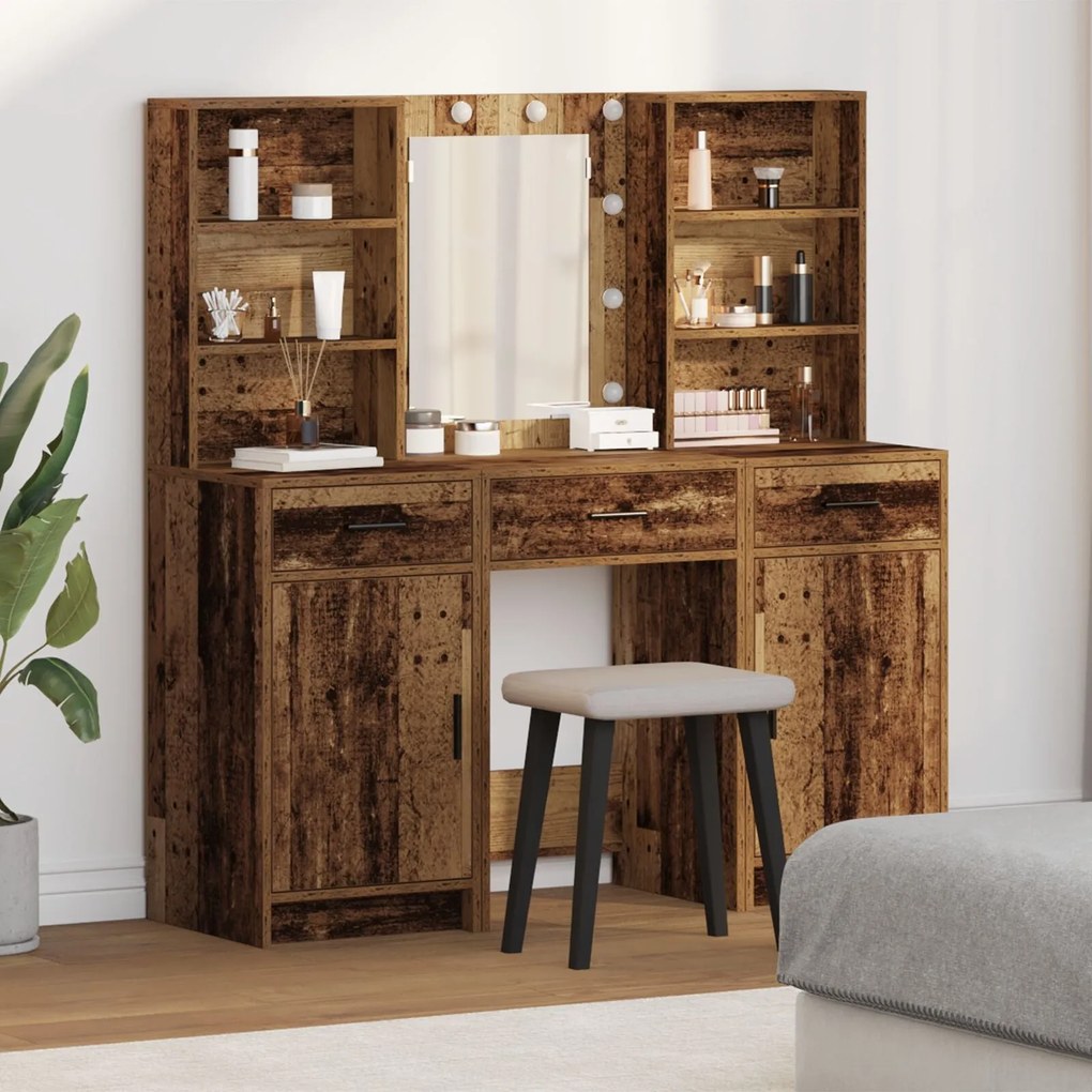Conjunto de Mesa de Maquiagem 3 Peças MDF Madeira Envelhecida