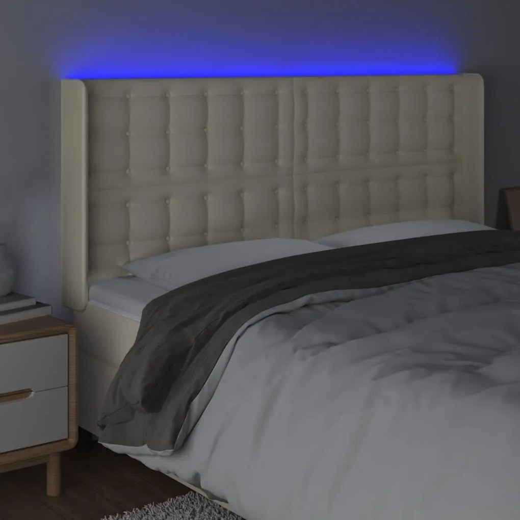 Cabeceira cama c/ LED 163x16x118/128 cm couro artificial crème