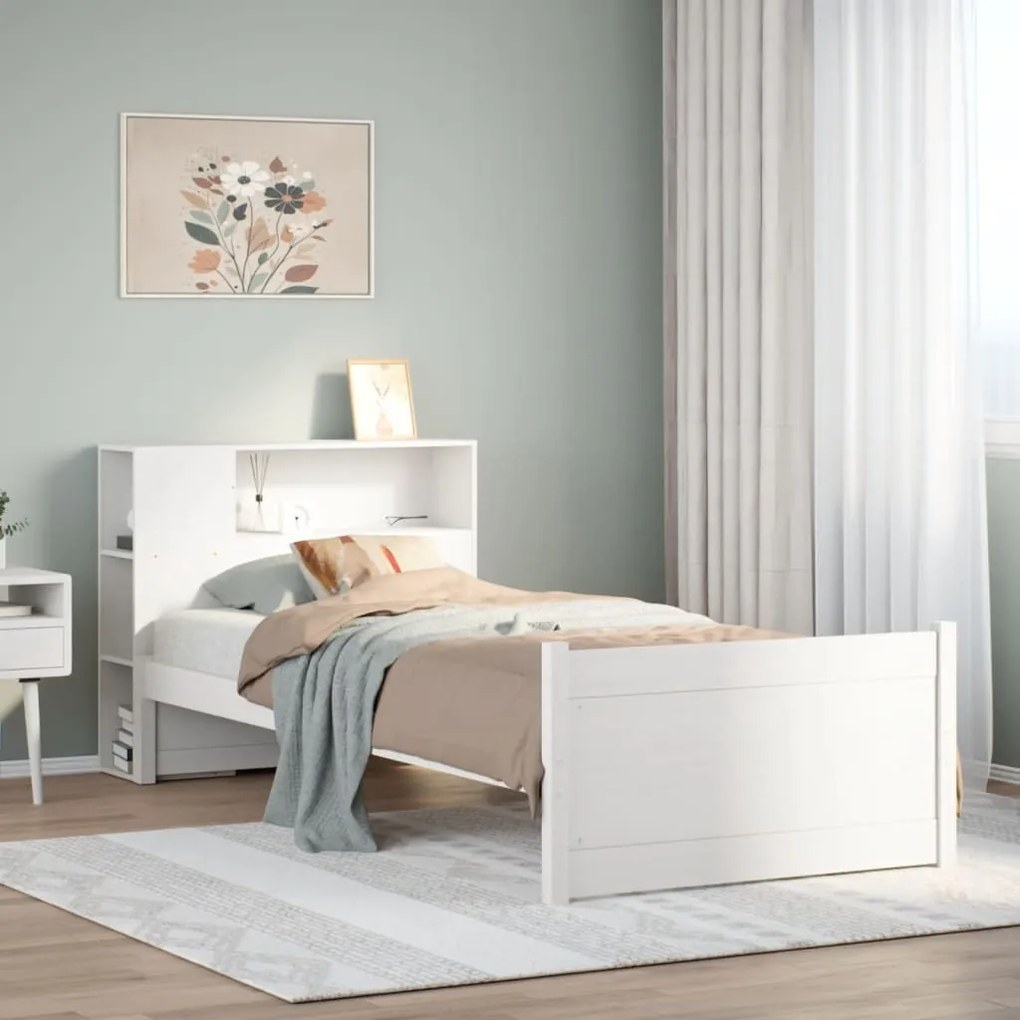 vidaXL Cama com estante sem colchão 100x200 cm pinho maciço branco