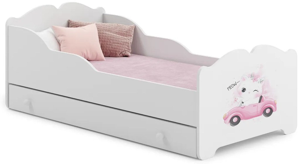 Cama infantil ANNA branca com gaveta 160x80 - gato rosa - colchão e estrado incluído