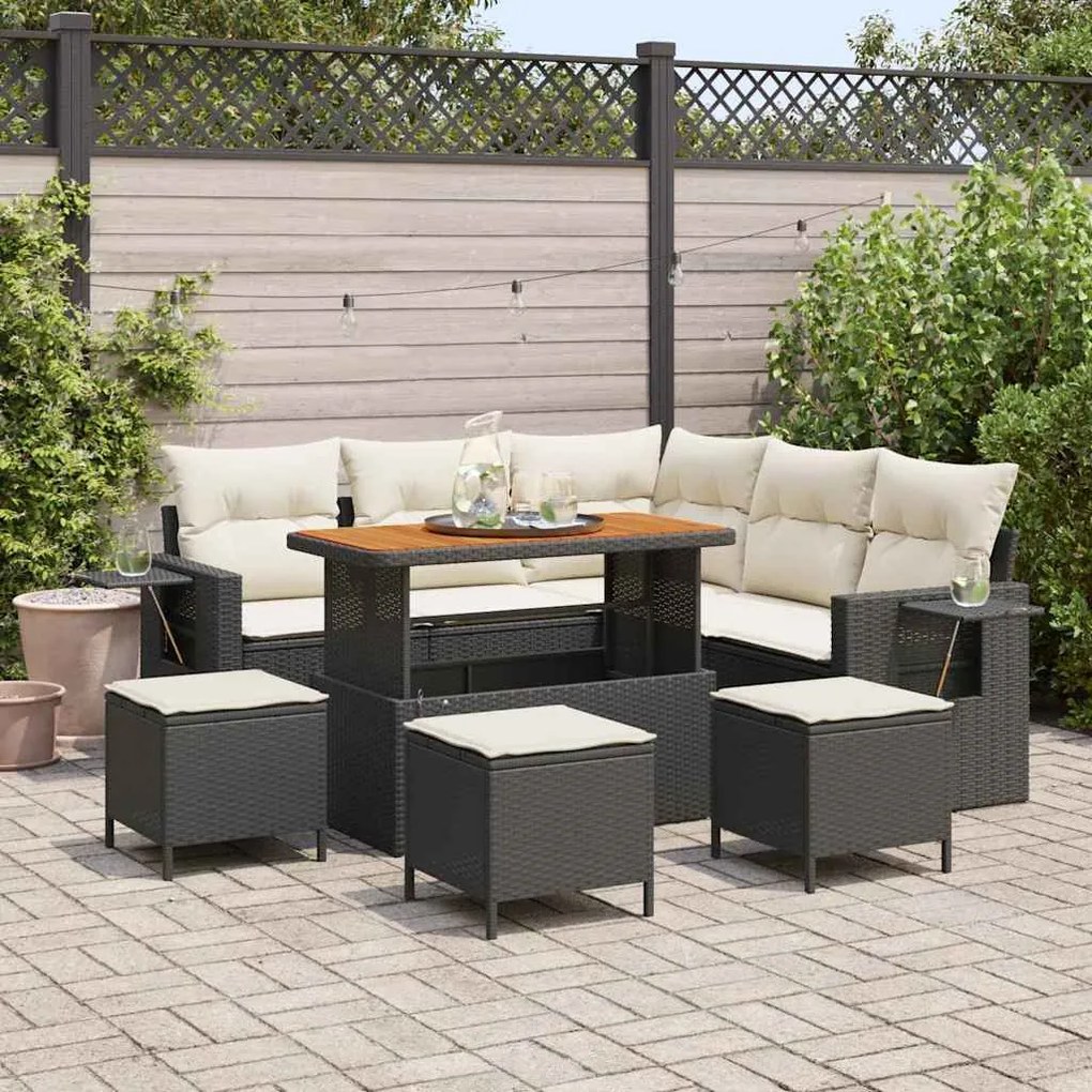 vidaXL Conjunto de Sofá de Jardim 9 Peças com Almofadas Preto em Rattan Poli e Acácia