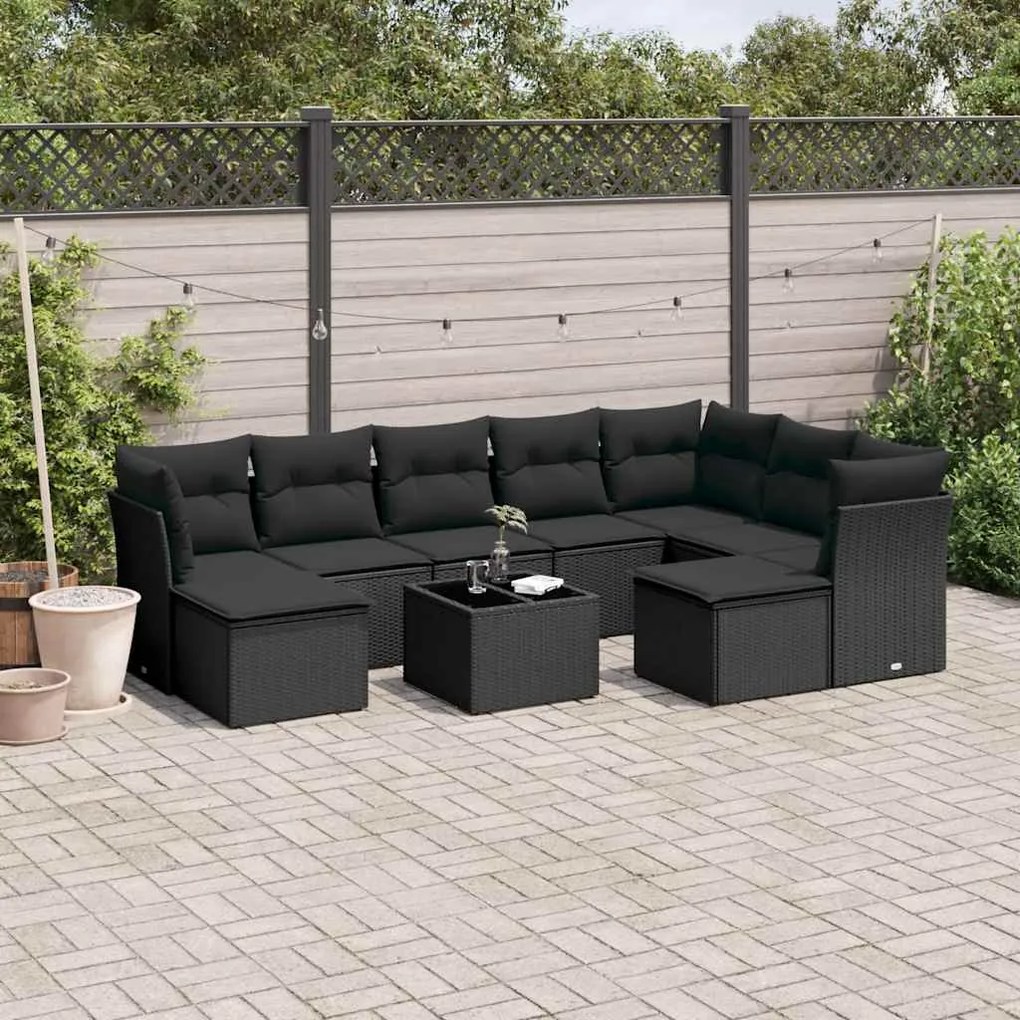 10 pcs conjunto sofás de jardim c/ almofadões vime PE preto