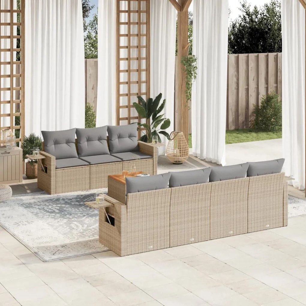 8 pcs conj. sofás jardim c/ almofadões vime PE bege misturado